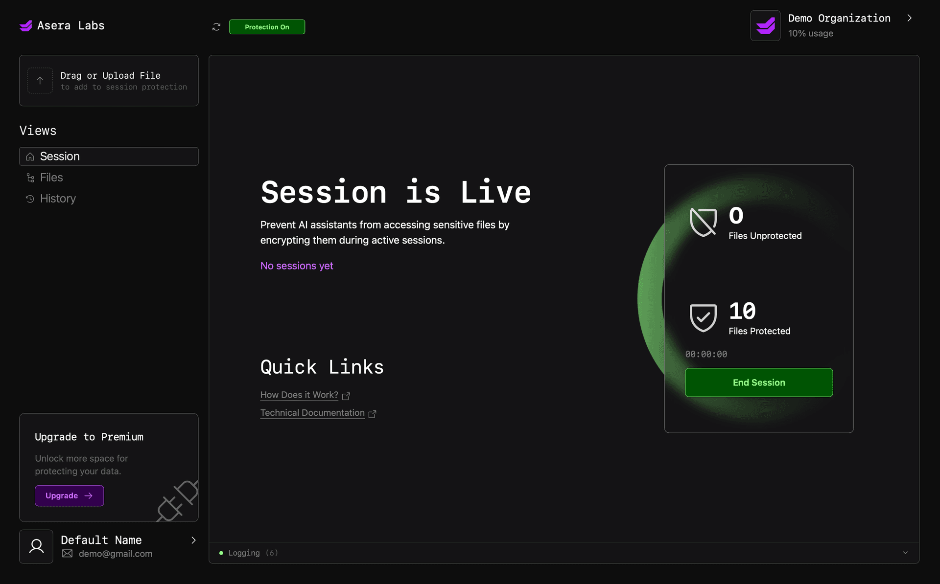 Annex app screenshot showing a live session with 1,210 files protected